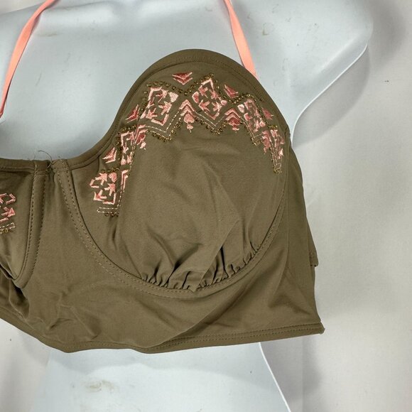 Candies Swim XL Olive Bikini Top With Peach Embroidery & Halter Straps - Picture 3 of 7